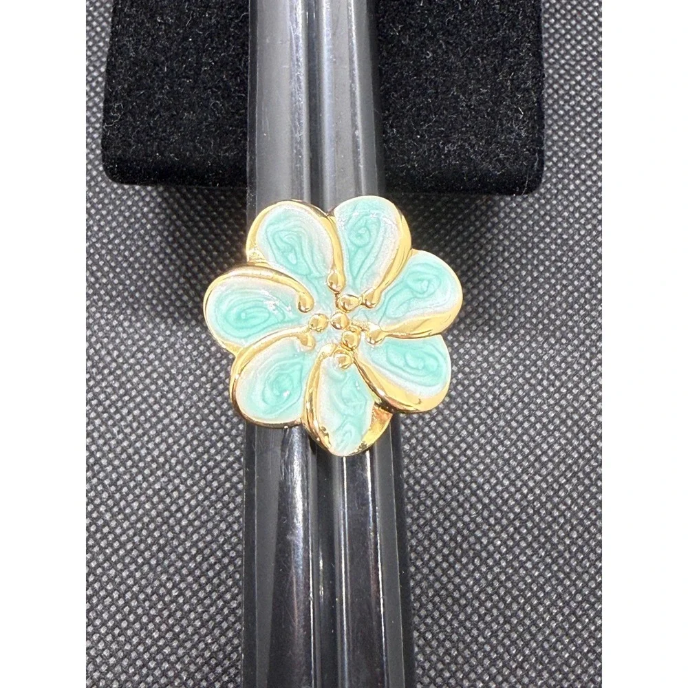 Gold Tone Mint Green Enamel Flower Adjustable Stainless Steel Ring Statement